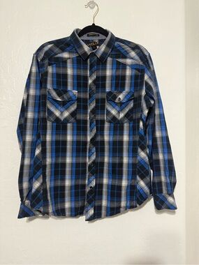 Helix Men’s Pearl Snap Blue and Black Plaid Button-Up Shirt